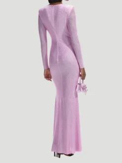 Pink Rhinestone Mesh Maxi Dress