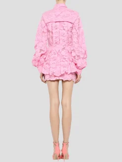 Poet Sleeve Button Down Peplum Shirt in Aurora Pink