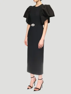 Puff Sleeve & Buckle Embroidered Detail Midi Dress