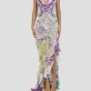 Purple & Yellow Cotton Crochet Lace Long Dress