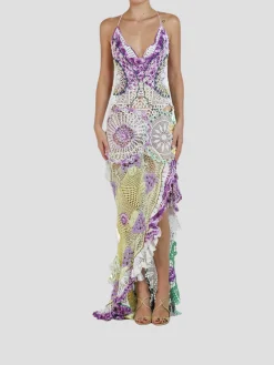 Purple & Yellow Cotton Crochet Lace Long Dress