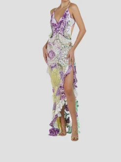 Purple & Yellow Cotton Crochet Lace Long Dress
