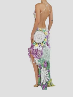 Purple & Yellow Cotton Crochet Lace Long Dress