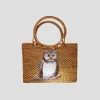 Raffia Tote with Embroidered Owl