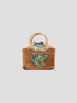 Raffia Tote with Green Bullfrog