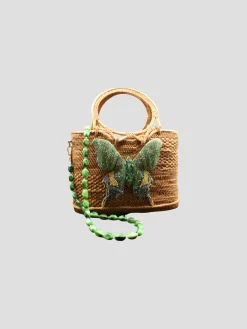 Raffia Tote with Green Butterfly and Gemstone Strap