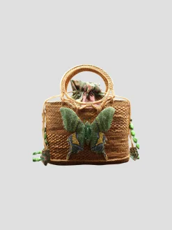 Raffia Tote with Green Butterfly and Gemstone Strap