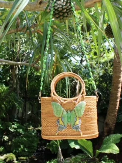 Raffia Tote with Green Butterfly and Gemstone Strap