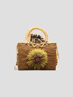 Raffia Tote with Sunflower and Gemstone Straps