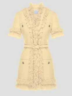 Renya Tweed Short-Sleeved Fringe Trim Vest in Yellow