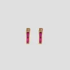 Rose Gold Chubby Square Huggie Earrings w/ Ruby Baguettes