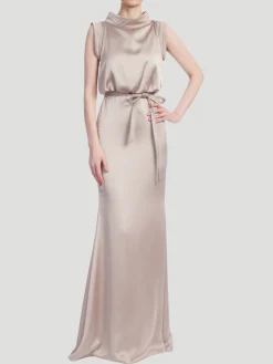 Satin Boat Neck Gown in Gold