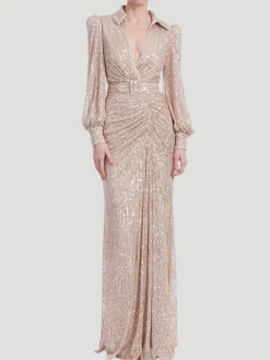 Sequin Long Sleeve V-Neck Shirt Gown