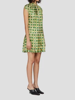 Short Sleeve Check Print Silk Mini Dress in Green