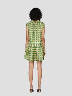 Short Sleeve Check Print Silk Mini Dress in Green