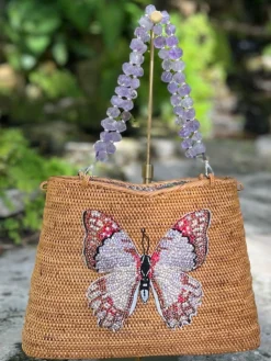 Swarovski Embroidered Butterfly with Amethyst Gemstone Handles Handbag