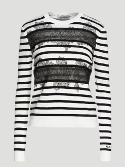 Valentino Lace-Inset Striped Silk Knit Sweater