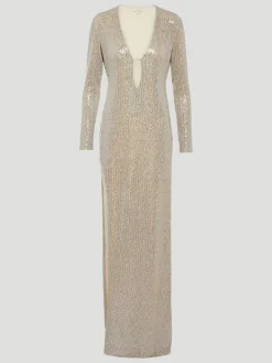 V-Neck Sequin Jersey Split Gown in Silver