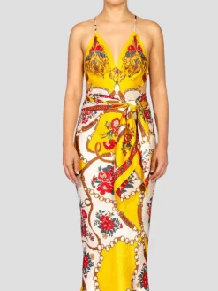 Yellow & Red Bias Cut Silk Jacquard Sagittarius Multi-Way Scarf Dress