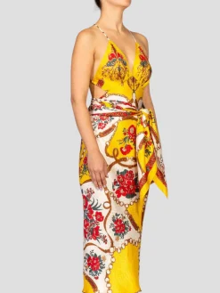 Yellow & Red Bias Cut Silk Jacquard Sagittarius Multi-Way Scarf Dress