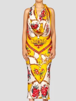 Yellow & Red Bias Cut Silk Jacquard Sagittarius Multi-Way Scarf Dress