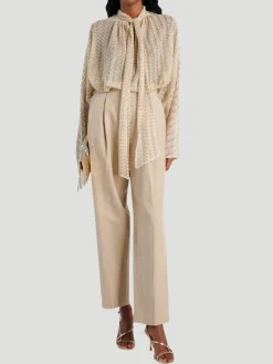 Zigzag Tie-Neck Lamé Blouse